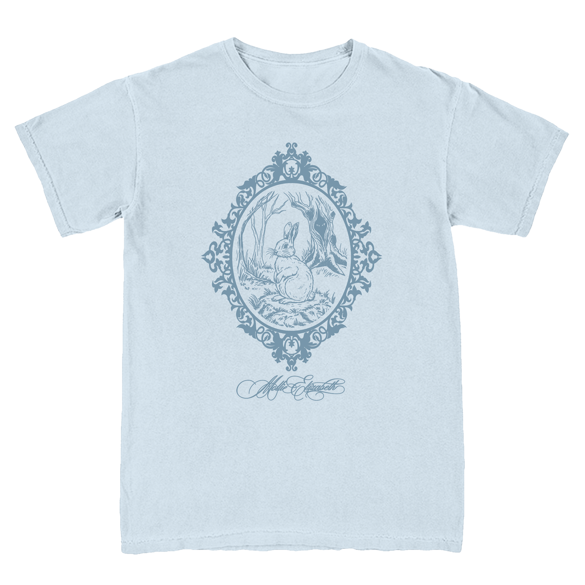 Light blue t-shirt with a decorative graphic of a rabbit in a frame