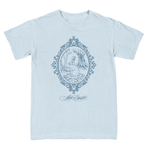 Light blue t-shirt with a decorative graphic of a rabbit in a frame