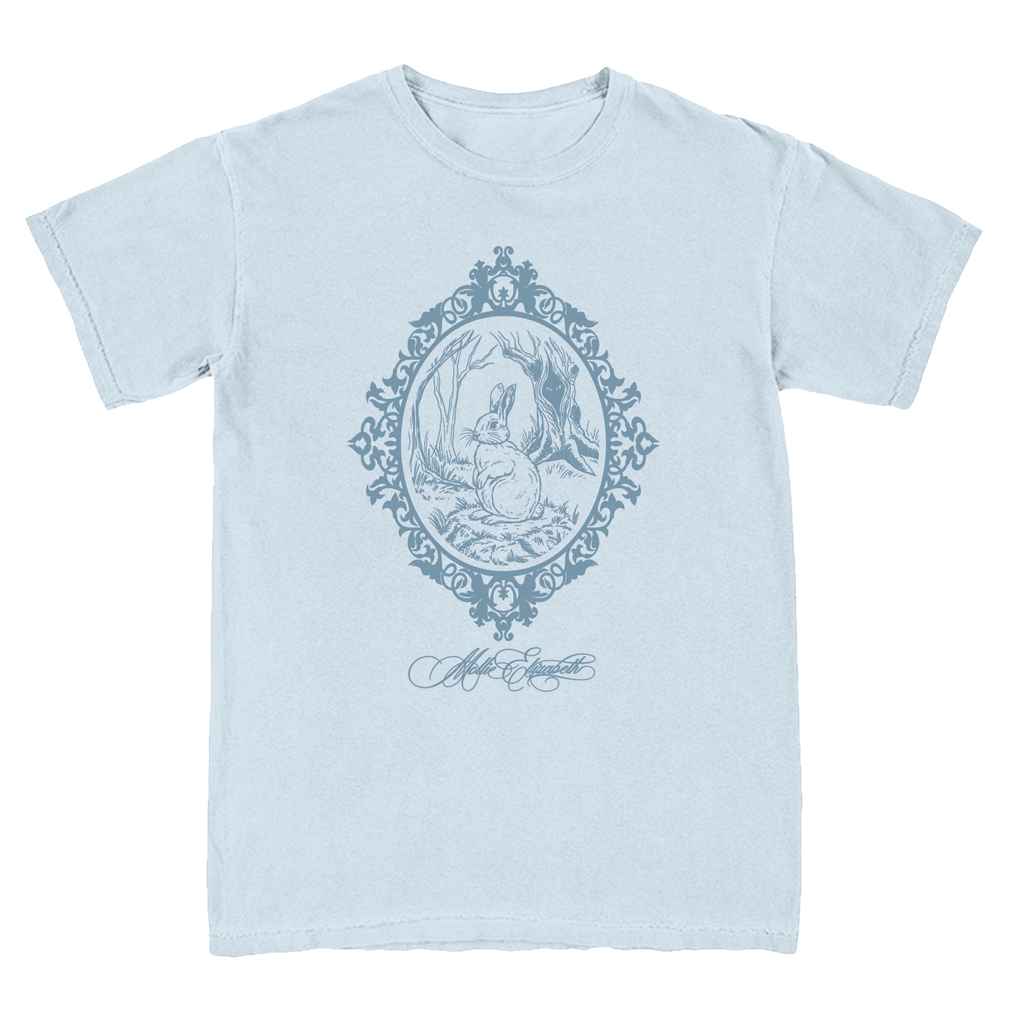 Light blue t-shirt with a decorative graphic of a rabbit in a frame